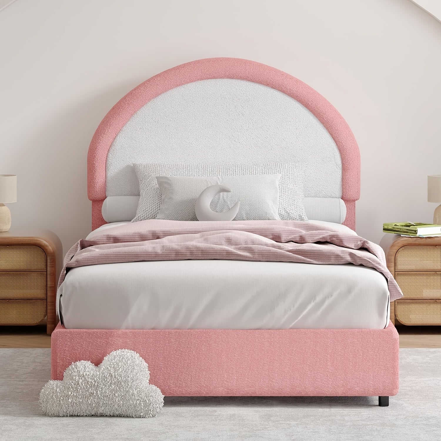 Twin Full Queen Size Bed Frame, Boucle Upholstered Platform Bed With Headboard, Soft Rounded Corners, No Box Spring Required, Easy Assembly, Pink\u002FWhite\u002FGrey