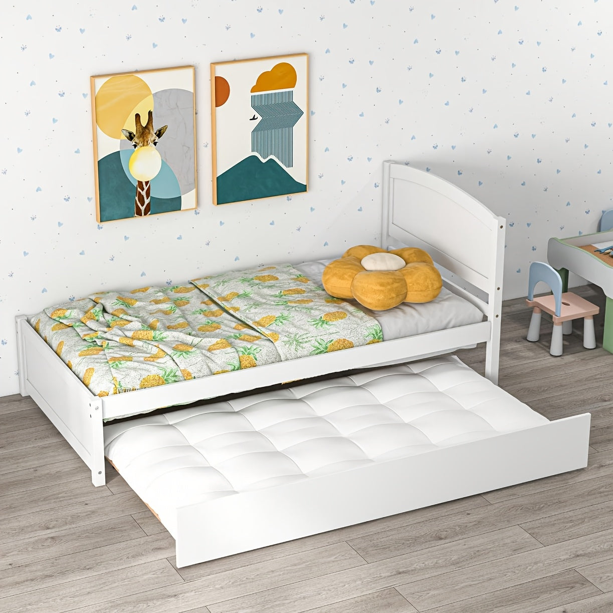 Twin-Sized Daybed with a Pull-Out Trundle, Made of Solid Wood, Featuring Slat Support, Available in White And Grey