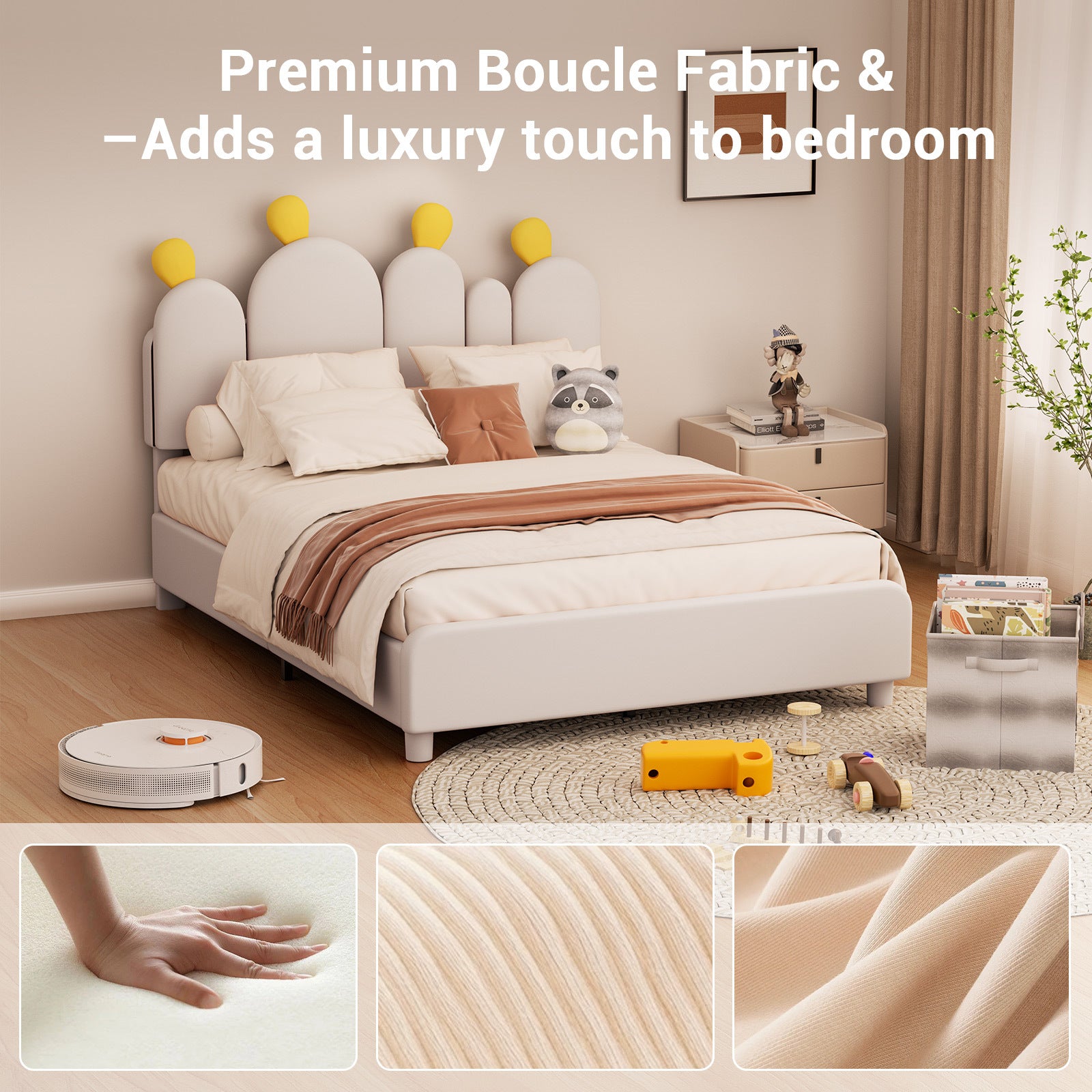Boucle Bed Frame with Headboard .Cactus Upholstered Platform Bed, Soft Rounded Corners, Solid Wood Slats Support\u002FNo Box Spring Needed