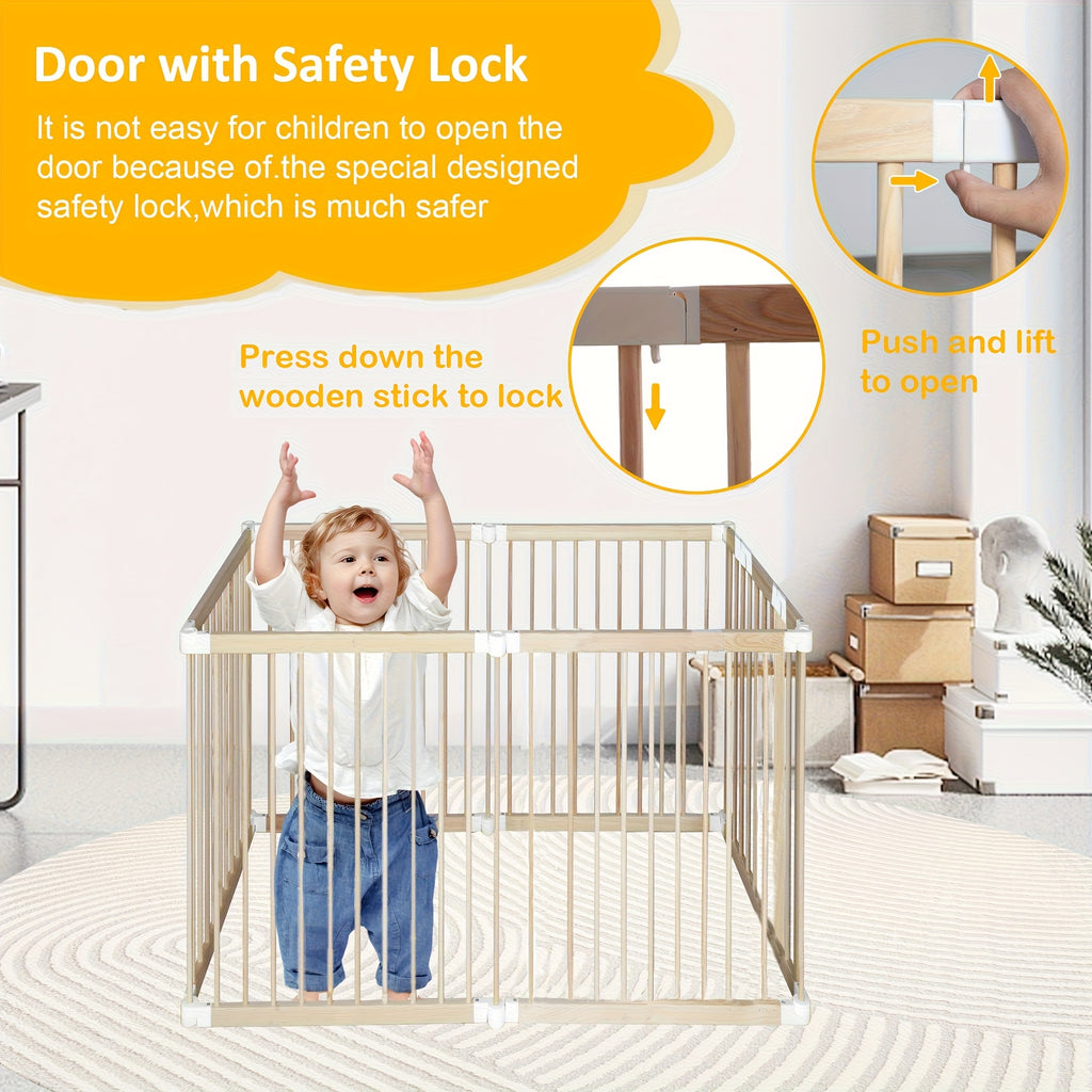 LUCKYERMORE Foldable 6-Panel Wood Baby Playpen with Gate & Anti-Slip Base - \u002F Kids Activity Center, Easy Assembly, Lockable Doors, Expandable Playpen Suitable for Babies and Toddlers