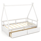COSTWAY Classic Style Kids Daybed Frame, Hardwood & Wood-Based Panel Construction, Safety Guardrails, 2 Storage Drawers, Wood Slat Support, No Box Spring Required, for Ages 3-6 Years, Grey\u002FWhite