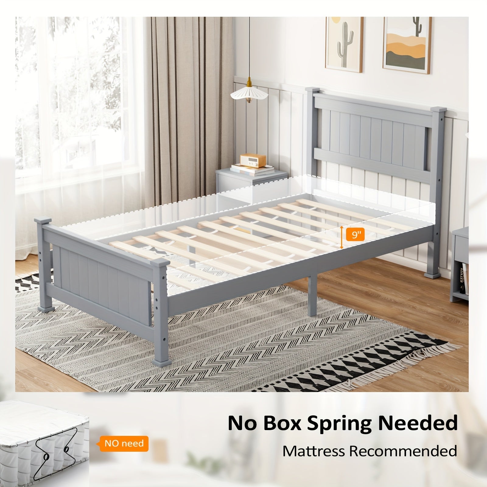 Bonnlo Sturdy Wooden Bed Frame with Headboard, Durable Support Without The Need for a Box Spring