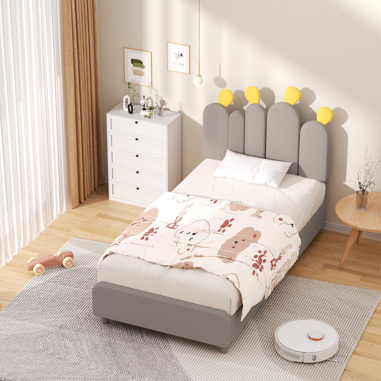 Boucle Bed Frame with Headboard .Cactus Upholstered Platform Bed, Soft Rounded Corners, Solid Wood Slats Support\u002FNo Box Spring Needed