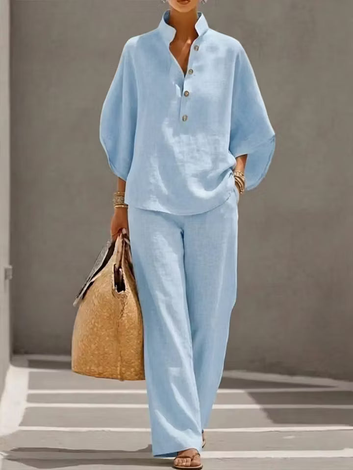 🔥Last Day 49% OFF🔥Women's Batwing Sleeve Linen Cotton Two-Piece Set – Casual Shirt & Wide Leg Pants Outfit