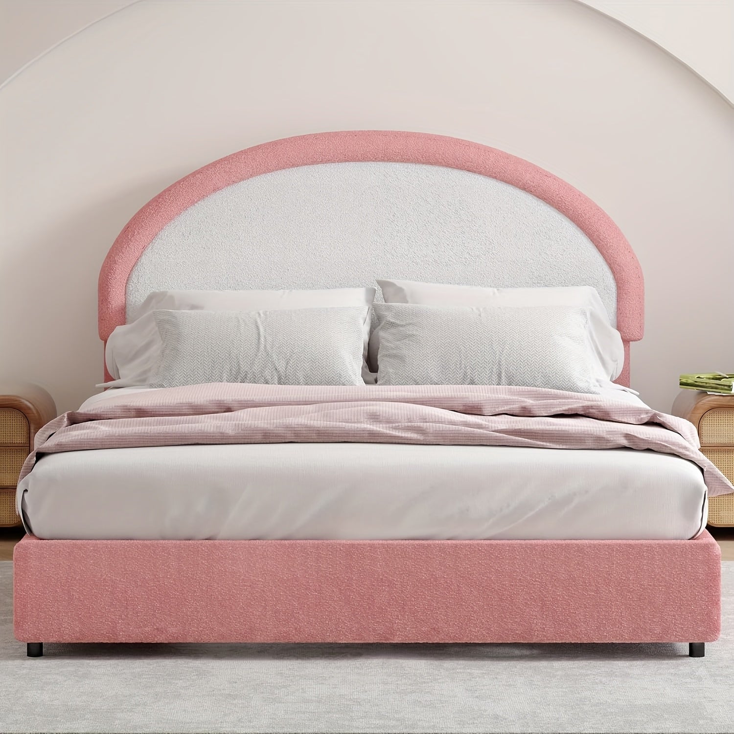Twin Full Queen Size Bed Frame, Boucle Upholstered Platform Bed With Headboard, Soft Rounded Corners, No Box Spring Required, Easy Assembly, Pink\u002FWhite\u002FGrey