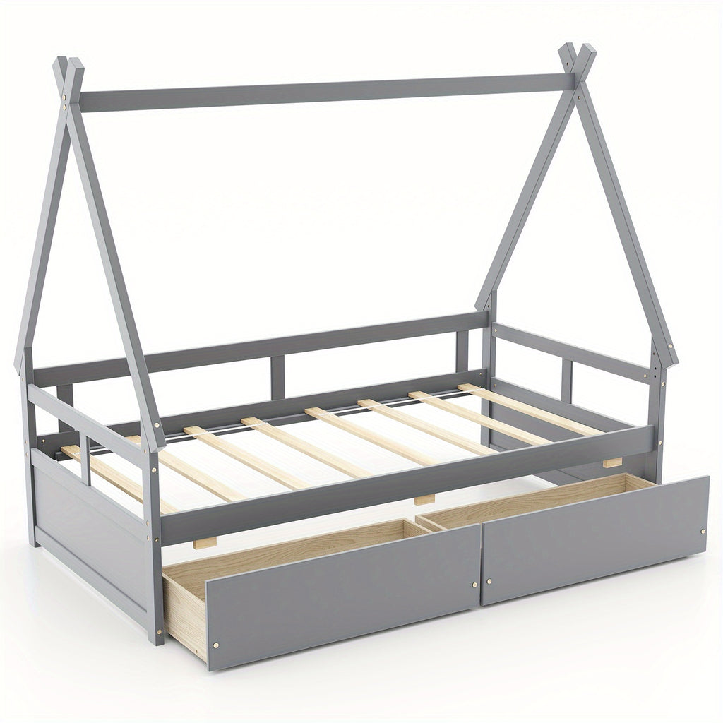 COSTWAY Classic Style Kids Daybed Frame, Hardwood & Wood-Based Panel Construction, Safety Guardrails, 2 Storage Drawers, Wood Slat Support, No Box Spring Required, for Ages 3-6 Years, Grey\u002FWhite
