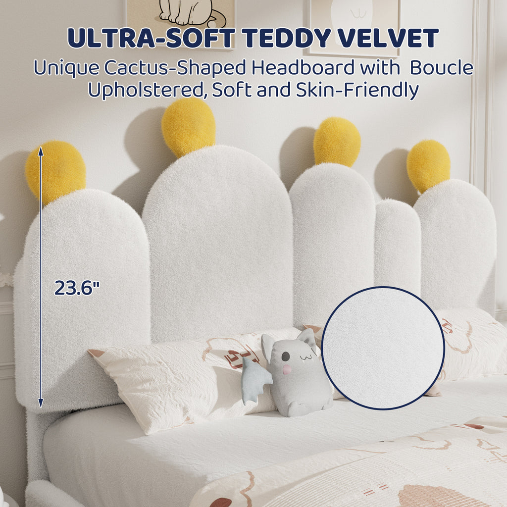 Boucle Bed Frame with Headboard .Cactus Upholstered Platform Bed, Soft Rounded Corners, Solid Wood Slats Support\u002FNo Box Spring Needed