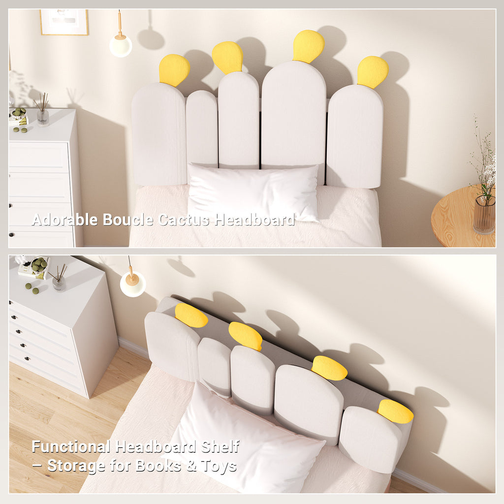 Boucle Bed Frame with Headboard .Cactus Upholstered Platform Bed, Soft Rounded Corners, Solid Wood Slats Support\u002FNo Box Spring Needed